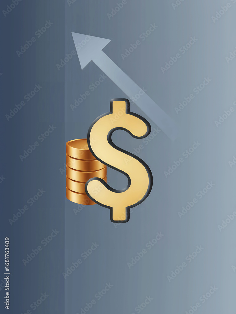Poster illustration of a stack of coins and a dollar sign with an upward arrow on a gradient background