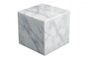 Realistic white marble cube spinning slowly, revealing polished surface against transparent backdrop for minimalist graphic design element