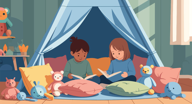Flat style illustration of two kids reading books inside a cozy play tent with pillows and toys, promoting imagination, learning, and friendship in a fun indoor environment