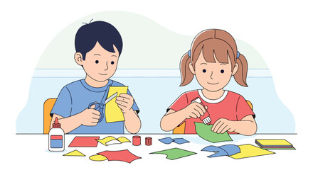 Flat style illustration of children cutting and gluing paper shapes in a classroom, engaging in creative arts and crafts activities that support learning, imagination, and teamwork