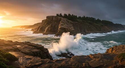 Fototapeta premium Coastal sunrise over rocky shoreline