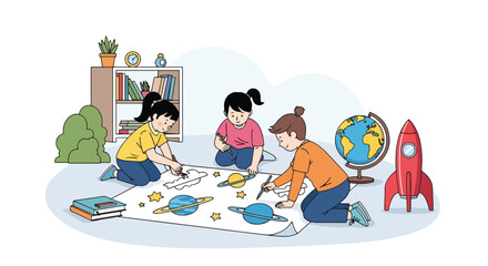 Flat style illustration of kids drawing planets and rockets together, engaging in fun educational activities about space, teamwork, and creativity in a learning environment