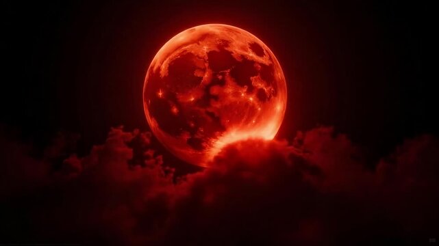 Experience the awe-inspiring spectacle of a dramatic blood moon rising majestically through fiery red clouds, creating a truly captivating celestial event.