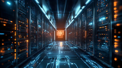 A futuristic server room with glowing blue and orange lights and a central processor unit display