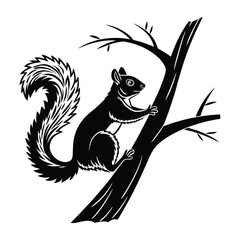 Print Squirrel on Tree – Black and White Silhouette Vector