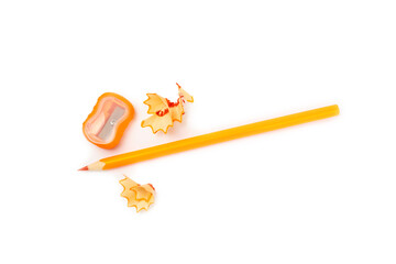 Pencil sharpener isolated on white background. Pencil and pencil shavings. Stationery. School...