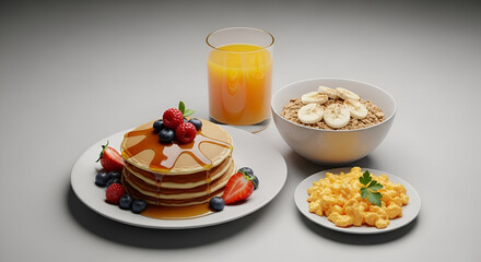 A delightful breakfast spread featuring a stack of pancakes with berries and syrup, alongside a bowl of granola with bananas, a glass of orange juice, and a side of macaroni and cheese.