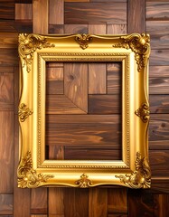 A golden picture frame with elaborate carvings, displayed against a rich, dark wooden background.