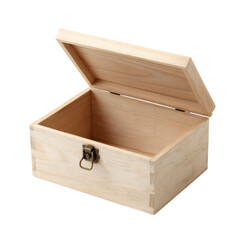 Open unfinished wooden box with metal clasp offering a glimpse inside pristine elegance on