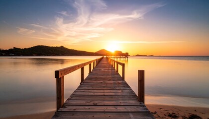 Fototapeta premium Peaceful wooden pier at sunset over calm ocean