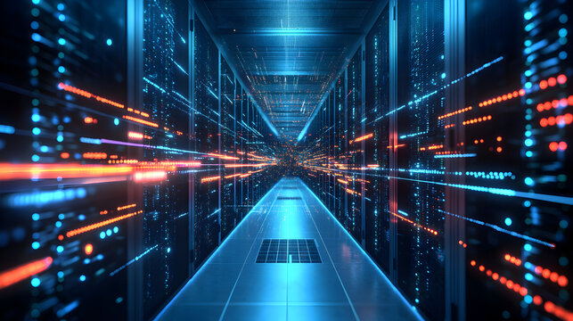 A server room corridor with glowing lights and data streams creating a futuristic atmosphere effect