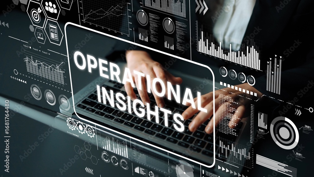 Poster digital analysis of operational insights with data visualization on laptop screen. asymptotic smart 