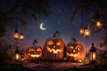 Festive Orange Pumpkins glow under moonlight, creates Halloween backdrop for social media, posters.