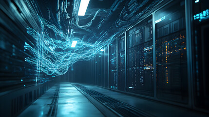 A server room with glowing blue data streams and rows of server racks in a dark environment