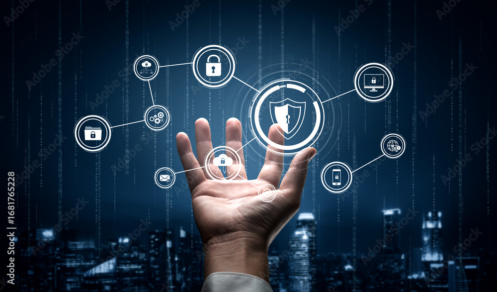 Poster cyber security protects against breaches, hacks, and network attacks using strong infrastructure and