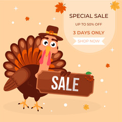 Happy Thanksgiving Day, Autumn, a turkey in a hat holding a sign that says Sale. Special offer, buy now, discounts up to 50%, Background, leaves, seasonal discounts, sales and marketing promotions