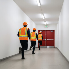 Emergency Response Drill, Construction Workers, Indoor Corridor, Photography, Industrial Setting, Action Shot, Teamwork and Safety
