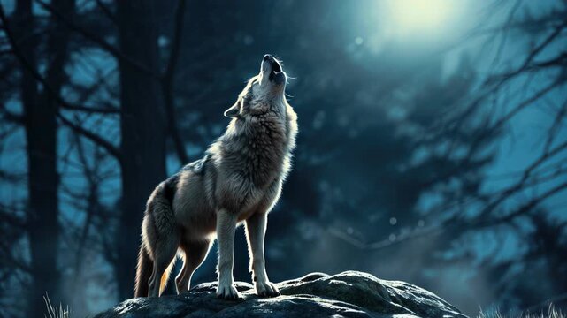 A wolf howling at the moon in a forest, captured from a low angle. The scene is dramatic and cinematic, resembling a nature documentary video. Live desktop wallpaper.