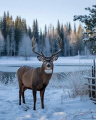 Obraz premium Majestic Whitetail Deer Standing in Snowy Winter Forest Landscape by Frozen Lake at Sunrise | Wildlife Nature Scene