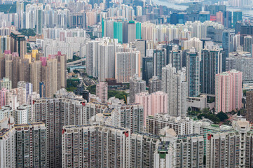 Skyscrapers of Hong Kong and Kowloon from Lion Rock Head. Lots of skyscrapers, cityscape