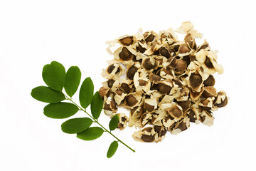 Moringa Seeds and Leaves on white