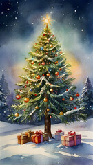 Watercolor vertical painting Christmas and new year postcard with decorated christmas tree, gifts, forest, festive, magic new year background, winter design template, greeting card, copy space, 9:16.
