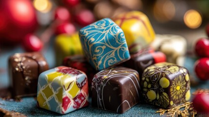 Seasonal chocolates wrapped in festive colors arranged with soft focus surroundings emphasizing the vibrant designs and thematic appeal of holiday treats.
