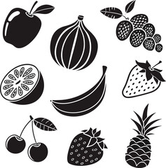 Print Fruit Silhouette Set – Citrus, Strawberry, Cherry, and Pear Vector Illustration