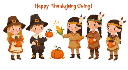 Thanksgiving Vector Illustrations &ndash; Family, Harvest, and Festive Decorations on White Background