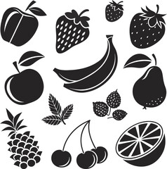 Print Fruit Silhouette Set – Citrus, Strawberry, Cherry, and Pear Vector Illustration