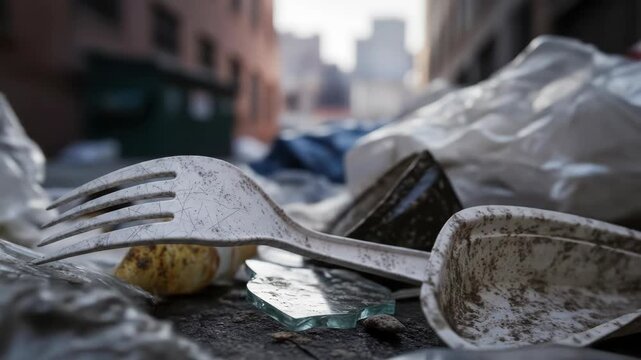 Urban litter scene with plastic forks amidst alley depicts environmental pollution crisis