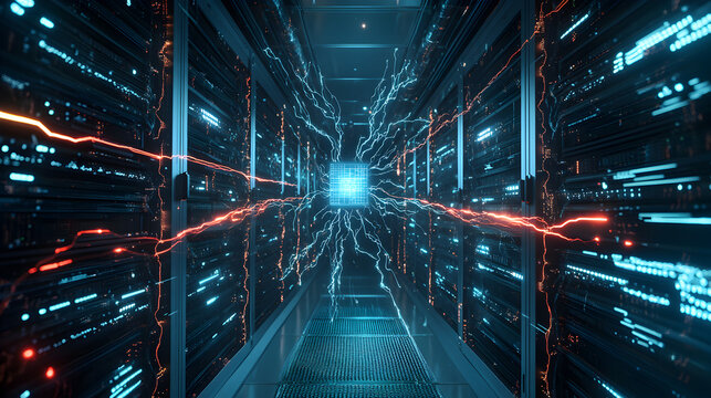 Illuminated server room with glowing cpu and data streams creating a futuristic atmosphere