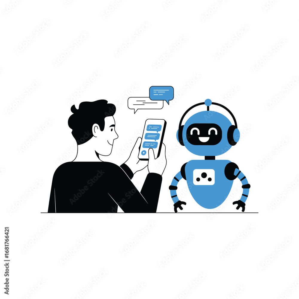 Poster man interacting with a friendly blue robot using a smartphone and chat bubbles