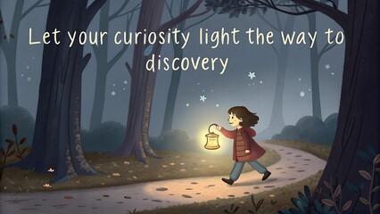 Young Girl with Lantern Follows Her Curiosity Through a Forest.
