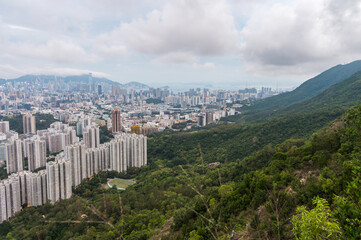 View of Hong Kong and Kowloon from Lion Rock Head. Panorama of Hong Kong, skyscrapers and nature.