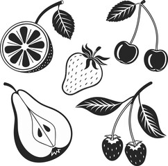 Print Fruit Silhouette Set – Citrus, Strawberry, Cherry, and Pear Vector Illustration