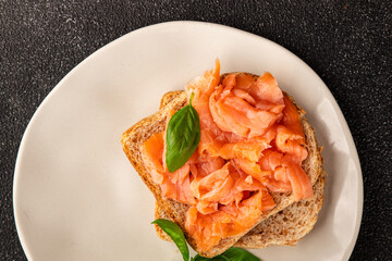sandwich salmon smoked fish open sandwich delicious fresh portion size natural product tasty snack fresh delicious gourmet food background on the table rustic top view copy space pescetarian diet