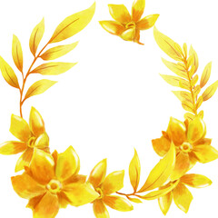 Golden yellow wreath with flowers and leaves. Watercolor illustration. For vintage and retro antiques, floral and botanical collection designs, garden sketches, cards and books, banners and clip art.