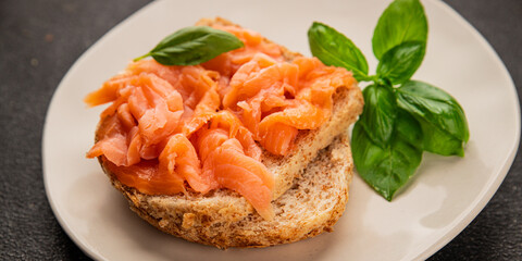 sandwich salmon smoked fish open sandwich delicious fresh portion size natural product tasty snack fresh delicious gourmet food background on the table rustic top view copy space pescetarian diet