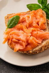 sandwich salmon smoked fish open sandwich delicious fresh portion size natural product tasty snack fresh delicious gourmet food background on the table rustic top view copy space pescetarian diet