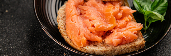 sandwich salmon smoked fish open sandwich delicious fresh portion size natural product tasty snack fresh delicious gourmet food background on the table rustic top view copy space pescetarian diet