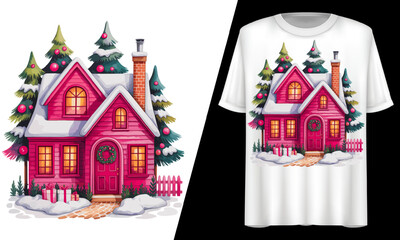 Naklejka premium Christmas Pink House, Snow Winter Tree, T-Shirt Design.