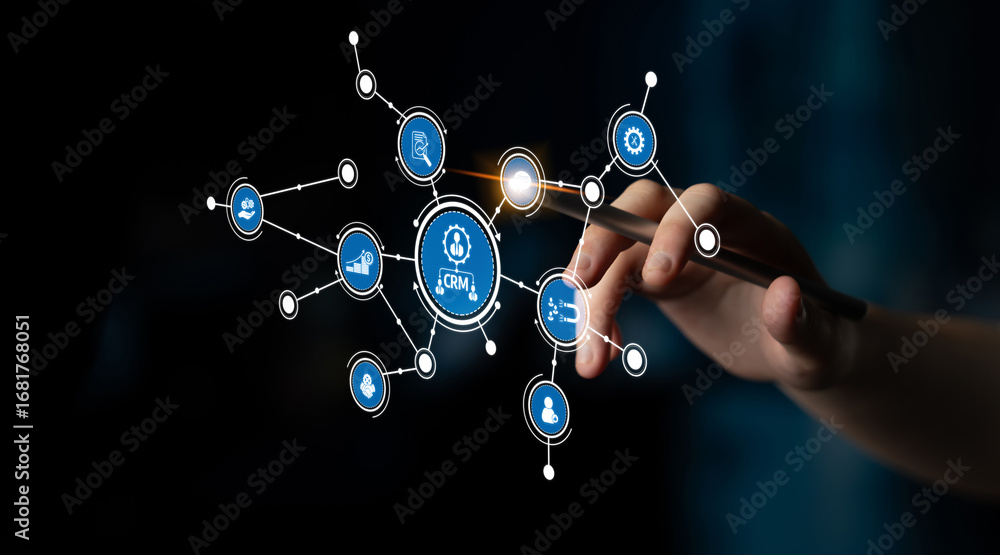 Poster a hand reaching towards a dynamic digital interface symbolizes the intersection of data analytics an