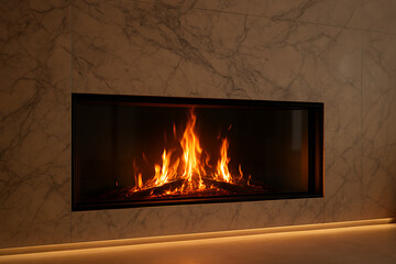 Modern electric fireplace with marble surround and ambient lighting design for home interior decor ideas