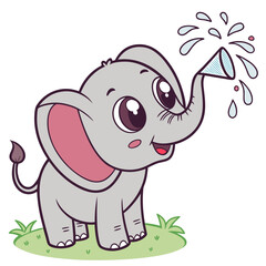 Obraz premium Baby elephant spraying water, kawaii outline, coloring illustration