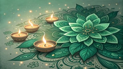 Festive diwali diya lamps illuminate green floral mandala with sparkling lights