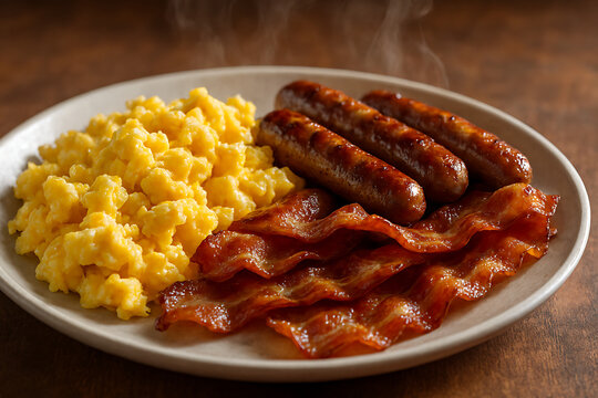 Delicious breakfast plate with scrambled eggs bacon and sausages perfect for a morning meal - Powered by Adobe