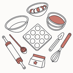 Top-down view of baking tools mixing bowl