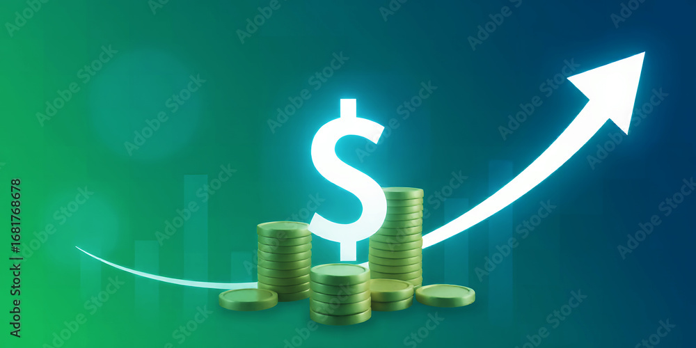 Poster stacks of coins with a dollar sign and an upward arrow on a green and blue gradient background