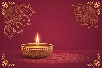Diwali oil lamp with ornate mandala decorations on a rich burgundy background